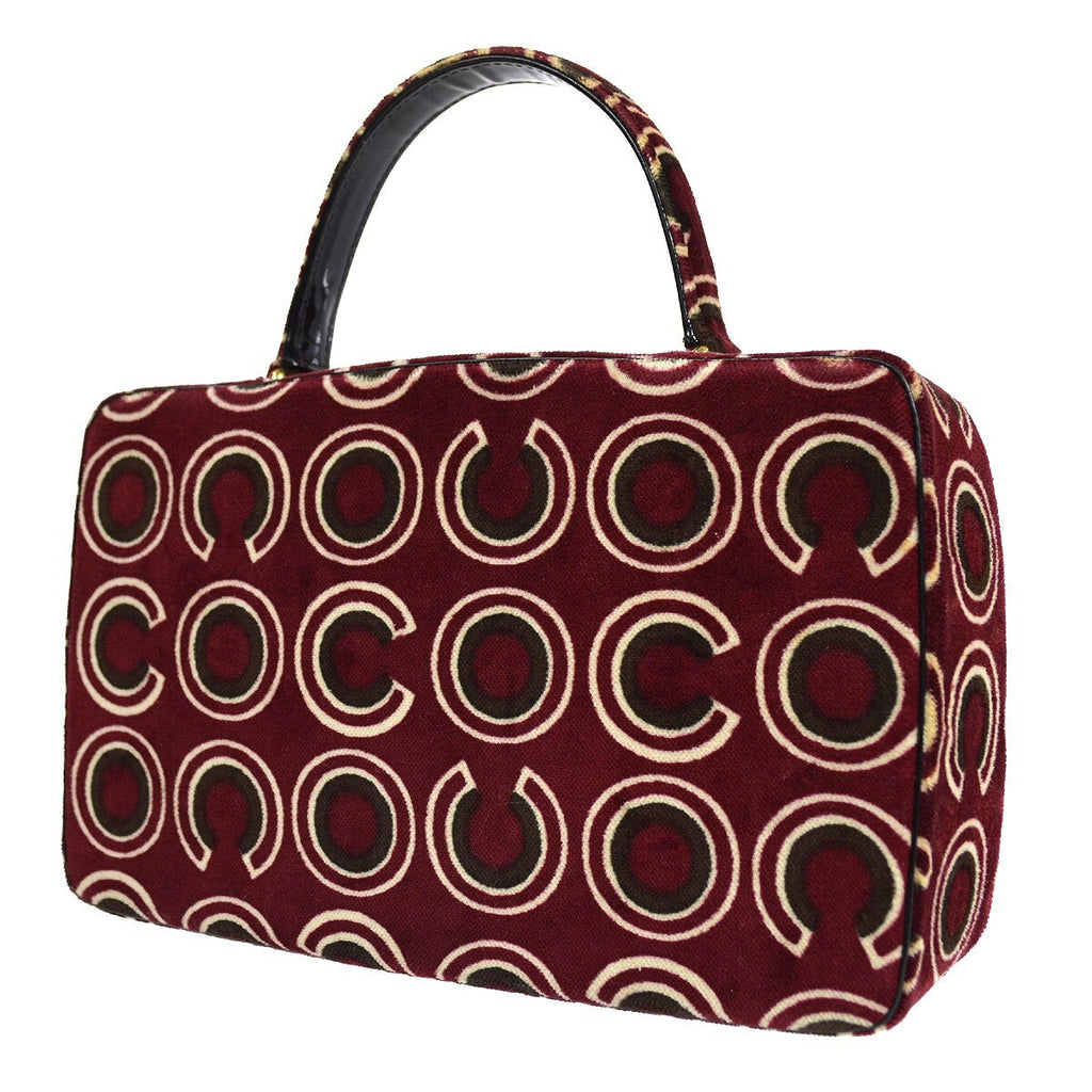 Chanel Cc Top Handle Bag Coco Print Velvet Burgundy Velvet Handbag (Authentic  )