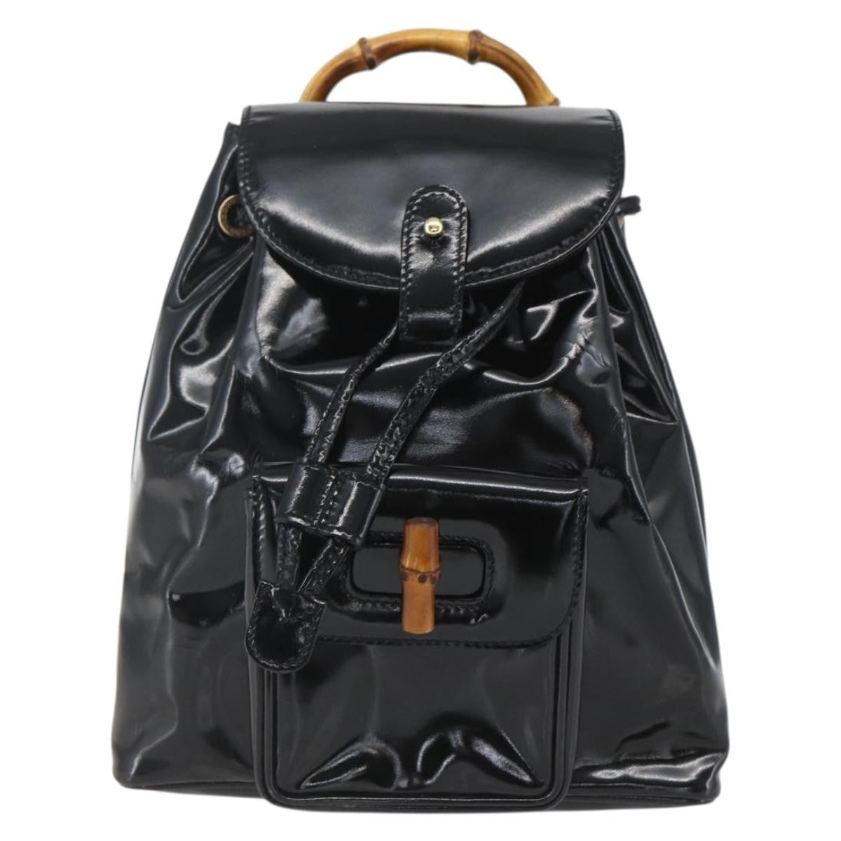 Gucci Vintage Bamboo Backpack Patent Black Patent_Leather Backpack Bag (Authentic  )