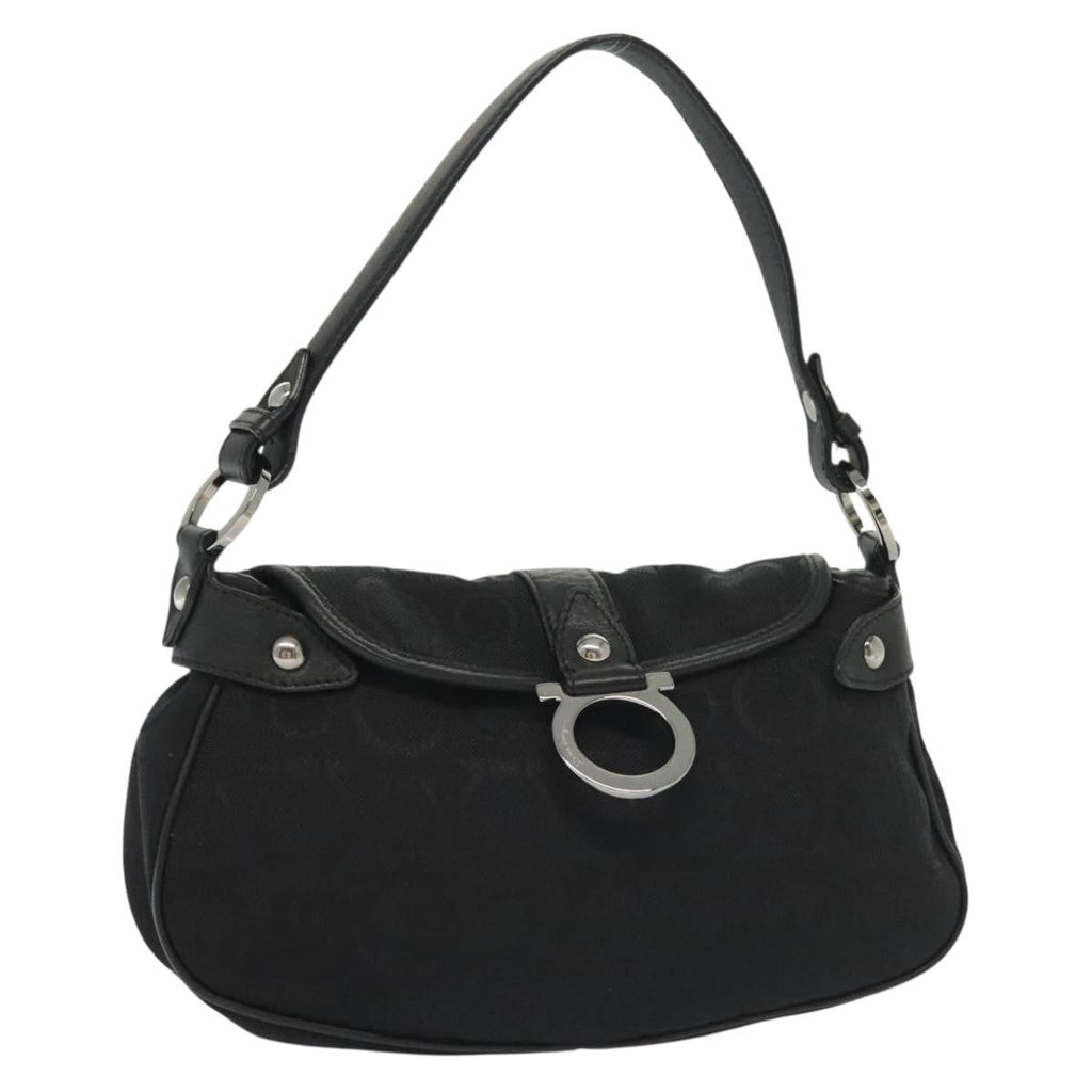 Salvatore Ferragamo Gancini Handbag Canvas Black Canvas Handbag (Authentic  )
