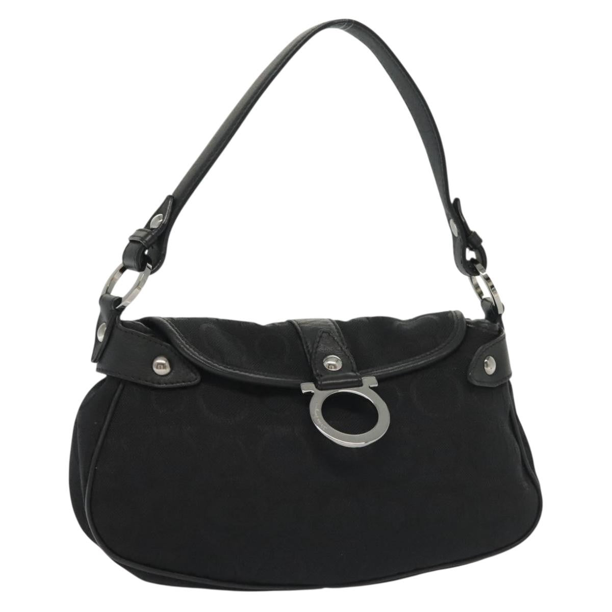 Salvatore Ferragamo Gancini Handbag Canvas Black Canvas Handbag (Authentic  )