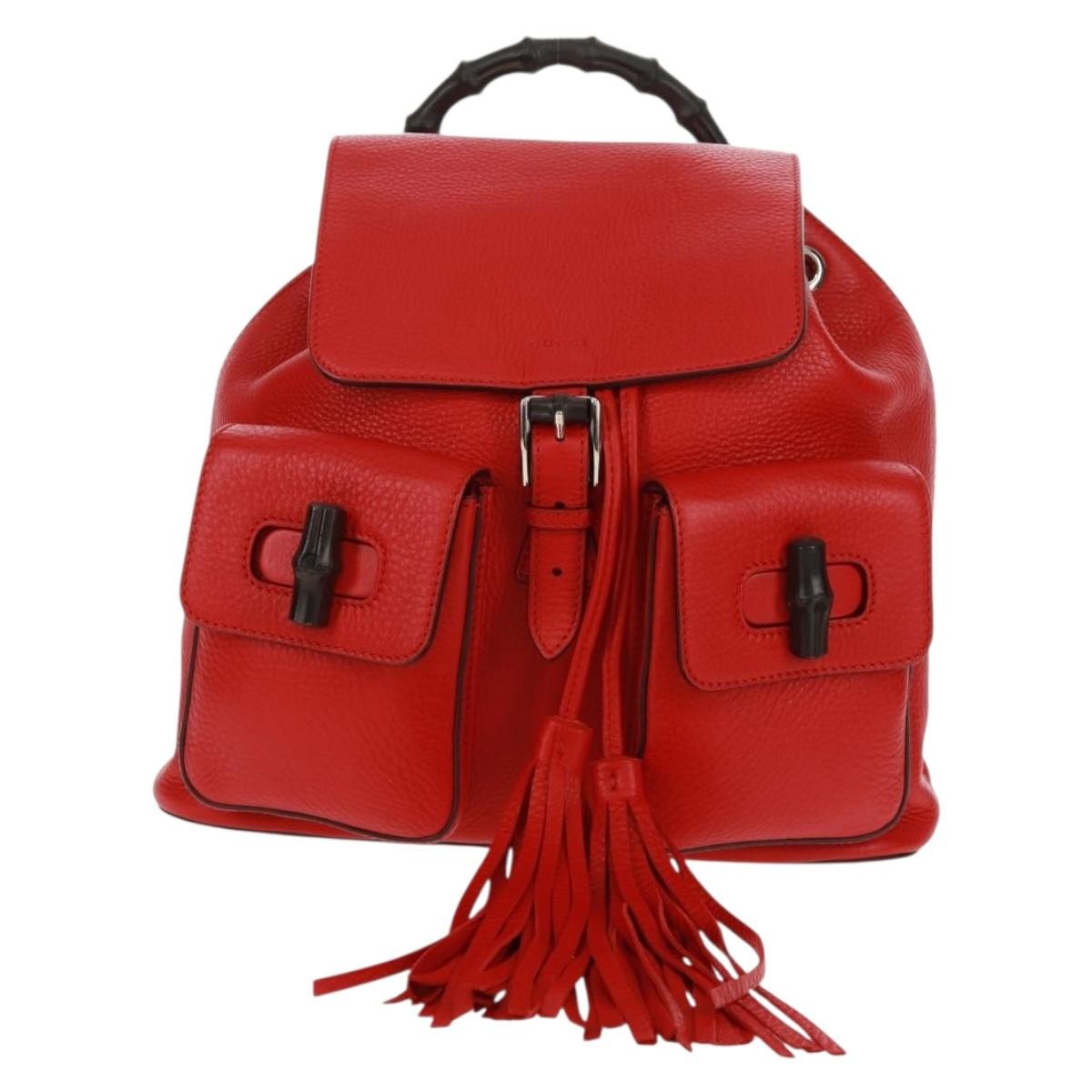 Gucci Bamboo Tassel Backpack Leather Red Leather Backpack Bag (Authentic  )