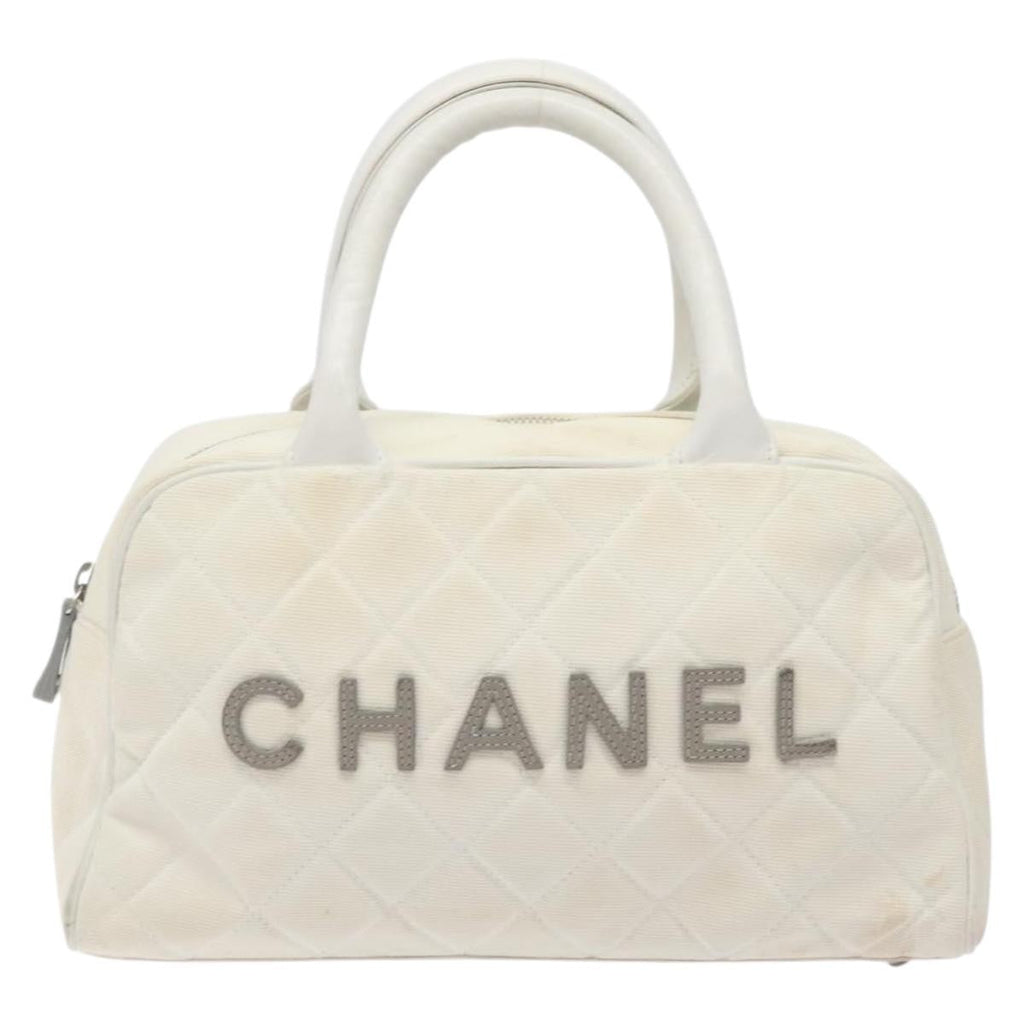 Chanel Vintage Logo Bowler Bag Quilted Canvas White Canvas Handbag ( )