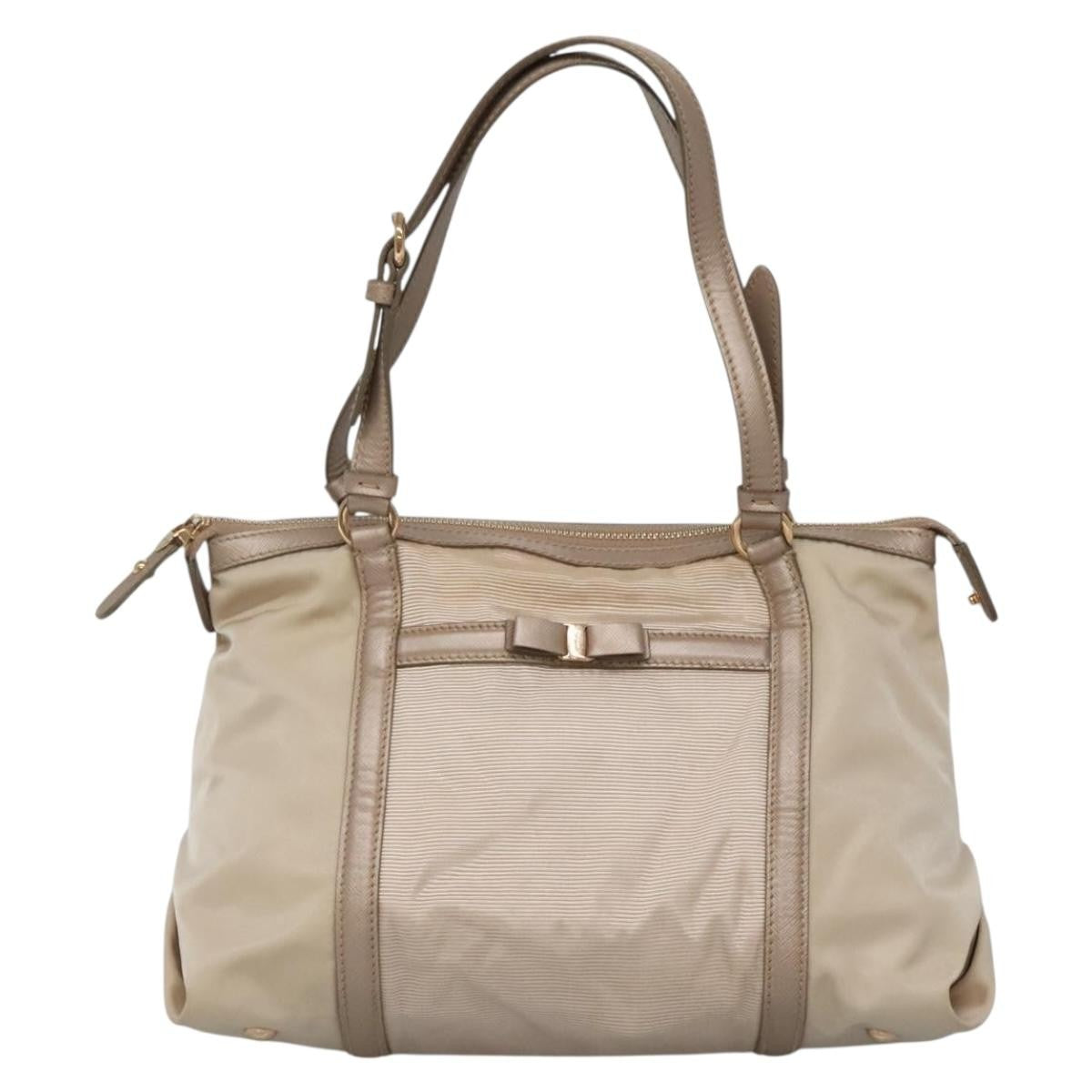 Salvatore Ferragamo Vala Handbag Nylon Beige Nylon Handbag (Authentic  )