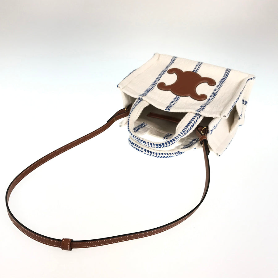 CELINE Small Hippopotamus Tice Stripe Textile Calfskin 2WAY Shoulder Handbag