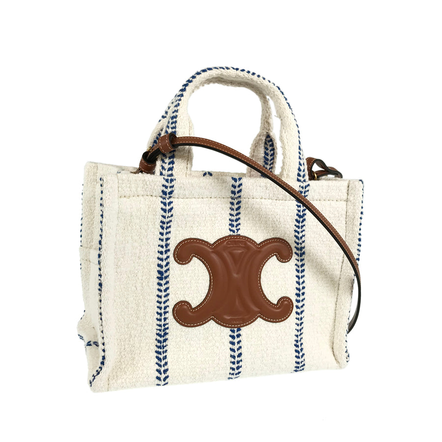 CELINE Small Hippopotamus Tice Stripe Textile Calfskin 2WAY Shoulder Handbag