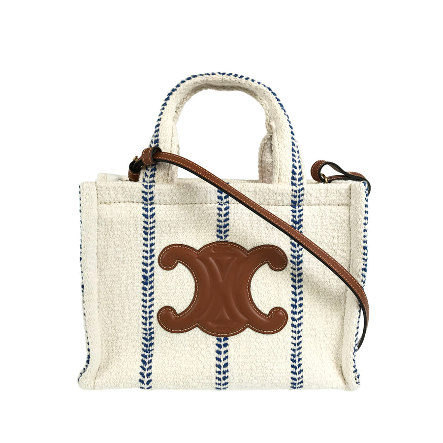 CELINE Small Hippopotamus Tice Stripe Textile Calfskin 2WAY Shoulder Handbag