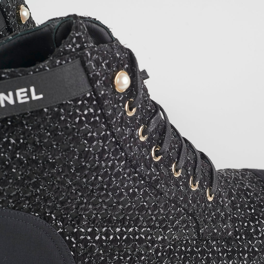 Chanel Tweed Lace-Up Boots Black Size 40.5