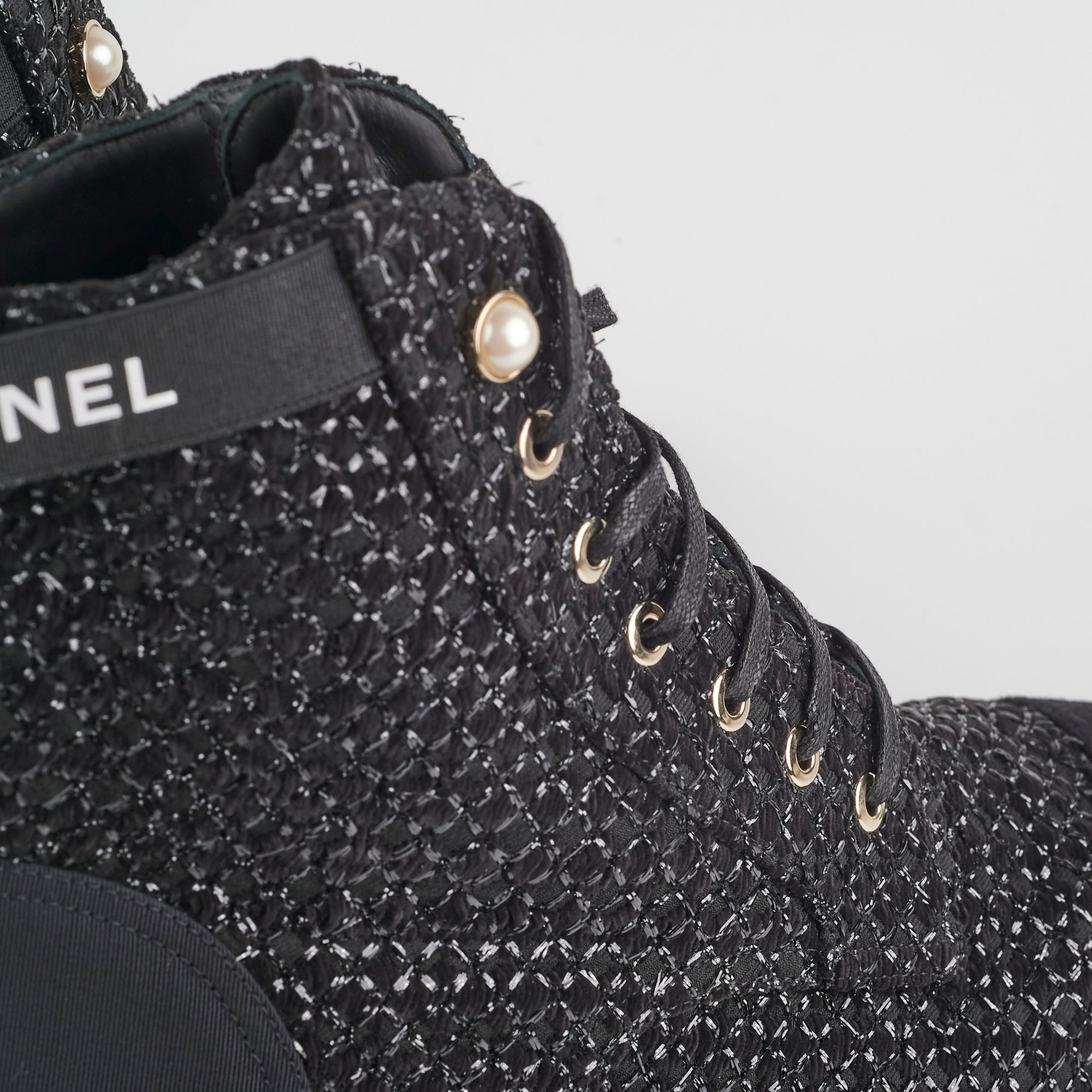 Chanel Tweed Lace-Up Boots Black Size 40.5