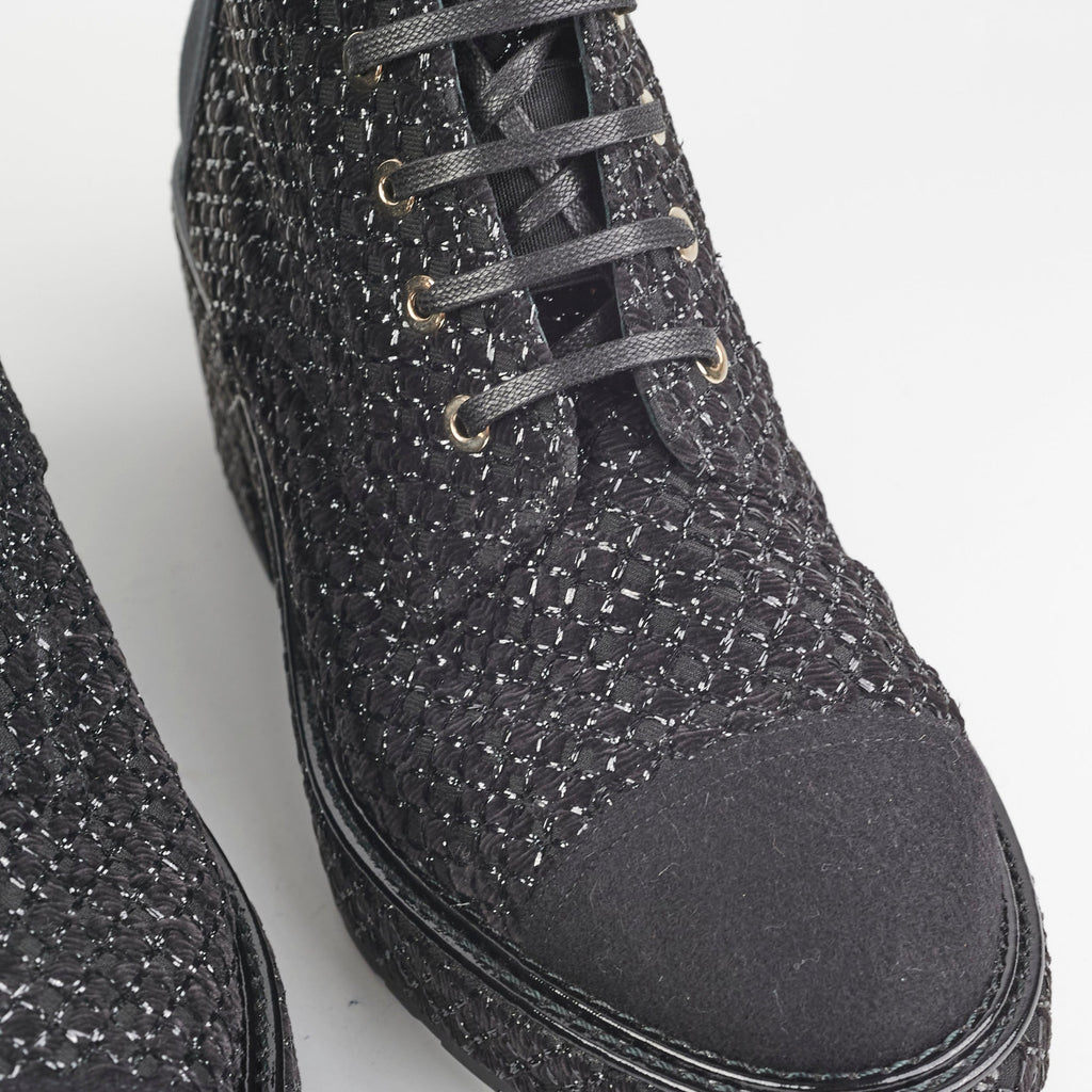 Chanel Tweed Lace-Up Boots Black Size 40.5