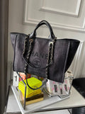 Chanel dark denim woven beach bag tote