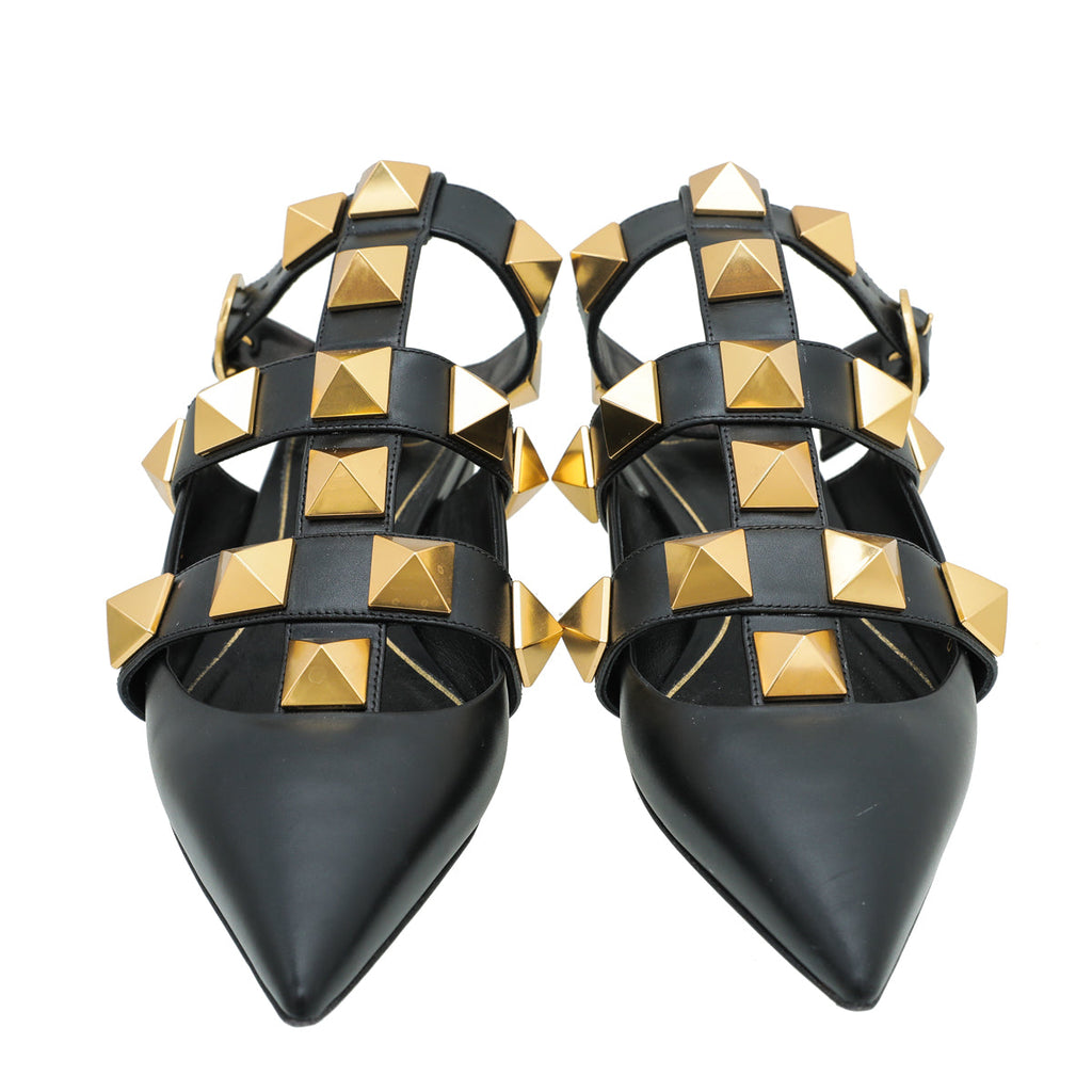 Valentino Black Roman Stud Ankle Strap Flat Mules 36