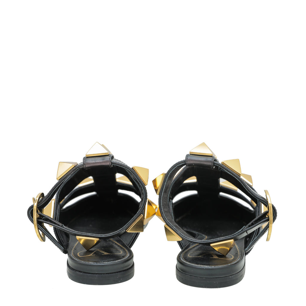 Valentino Black Roman Stud Ankle Strap Flat Mules 36
