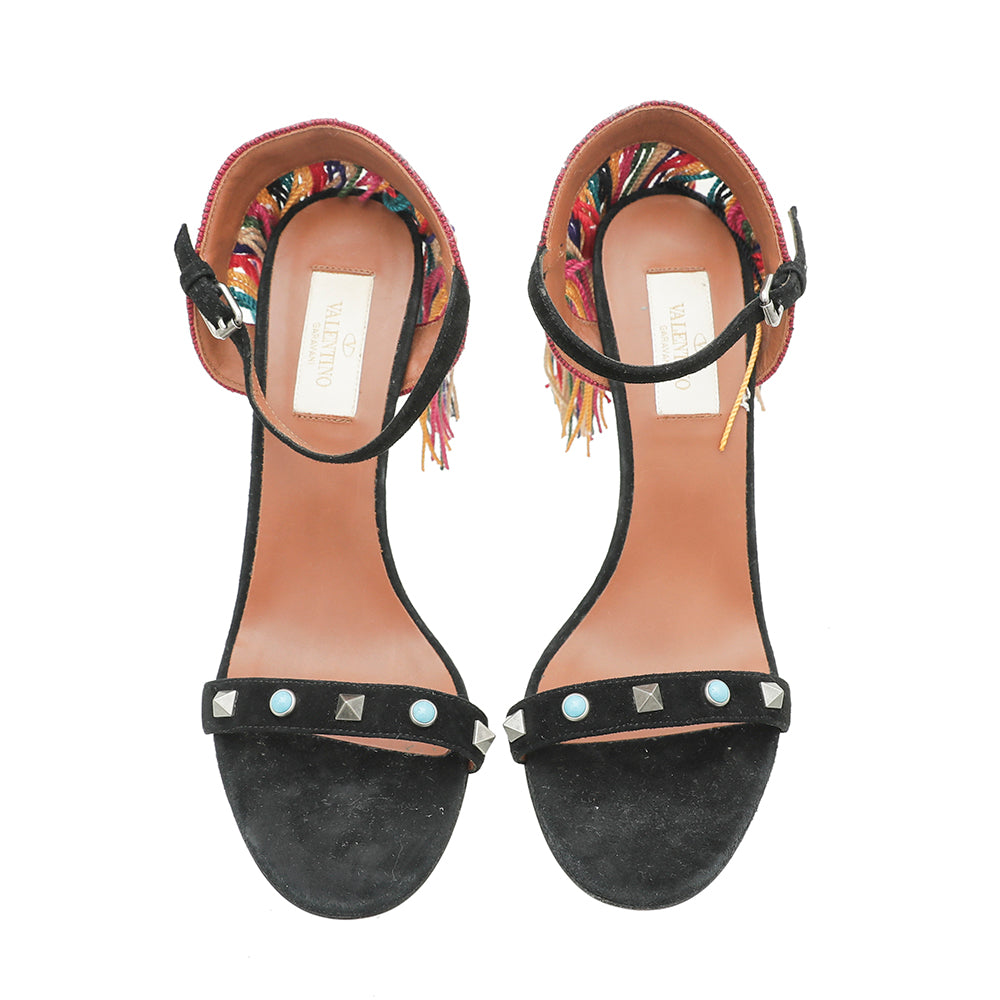 Valentino Black Multicolor Suede Rockstud Rolling Fringe Sandals 37