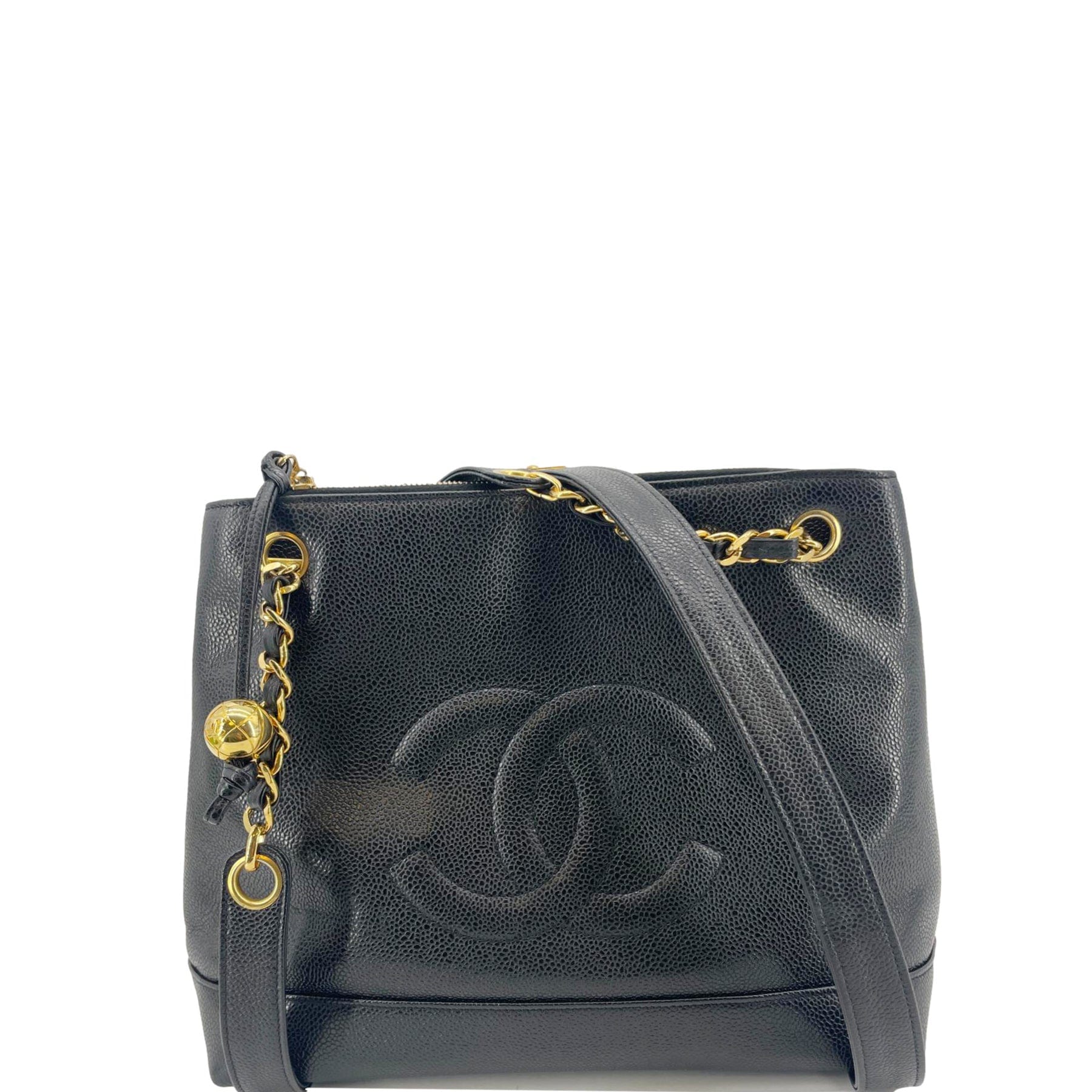 CHANEL Vintage Timeless CC Caviar Leather Chain Shoulder Strap Black