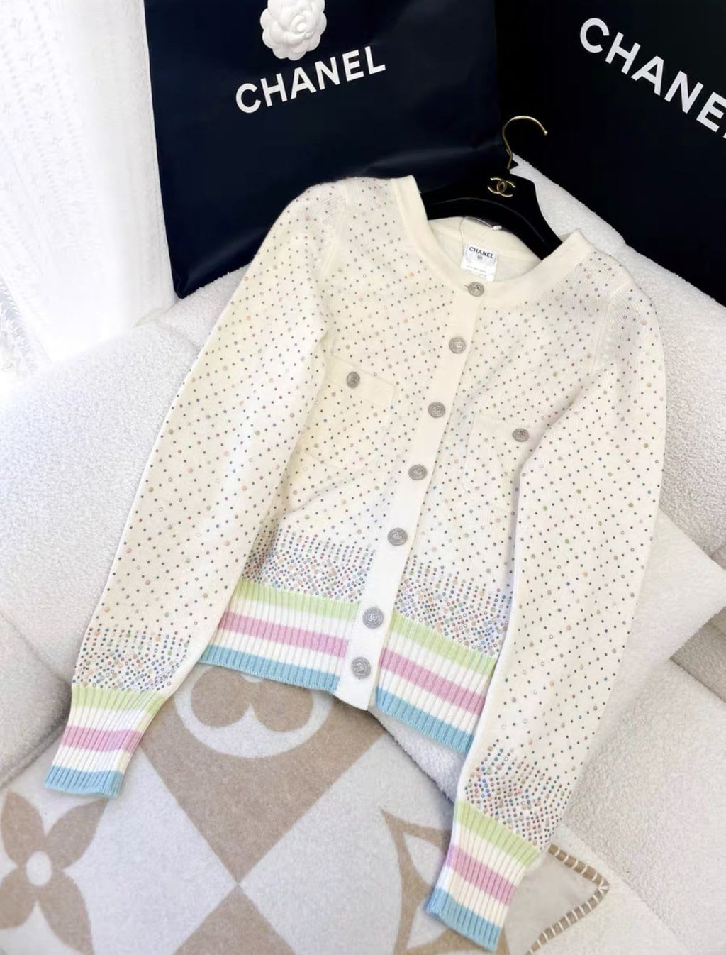 Chanel off-white colorful cashmere cardigan
