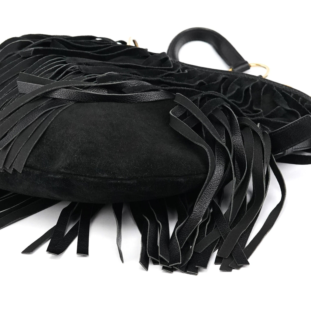 138962 Black Suede Leather Boheme Fringe Shoulder Bag