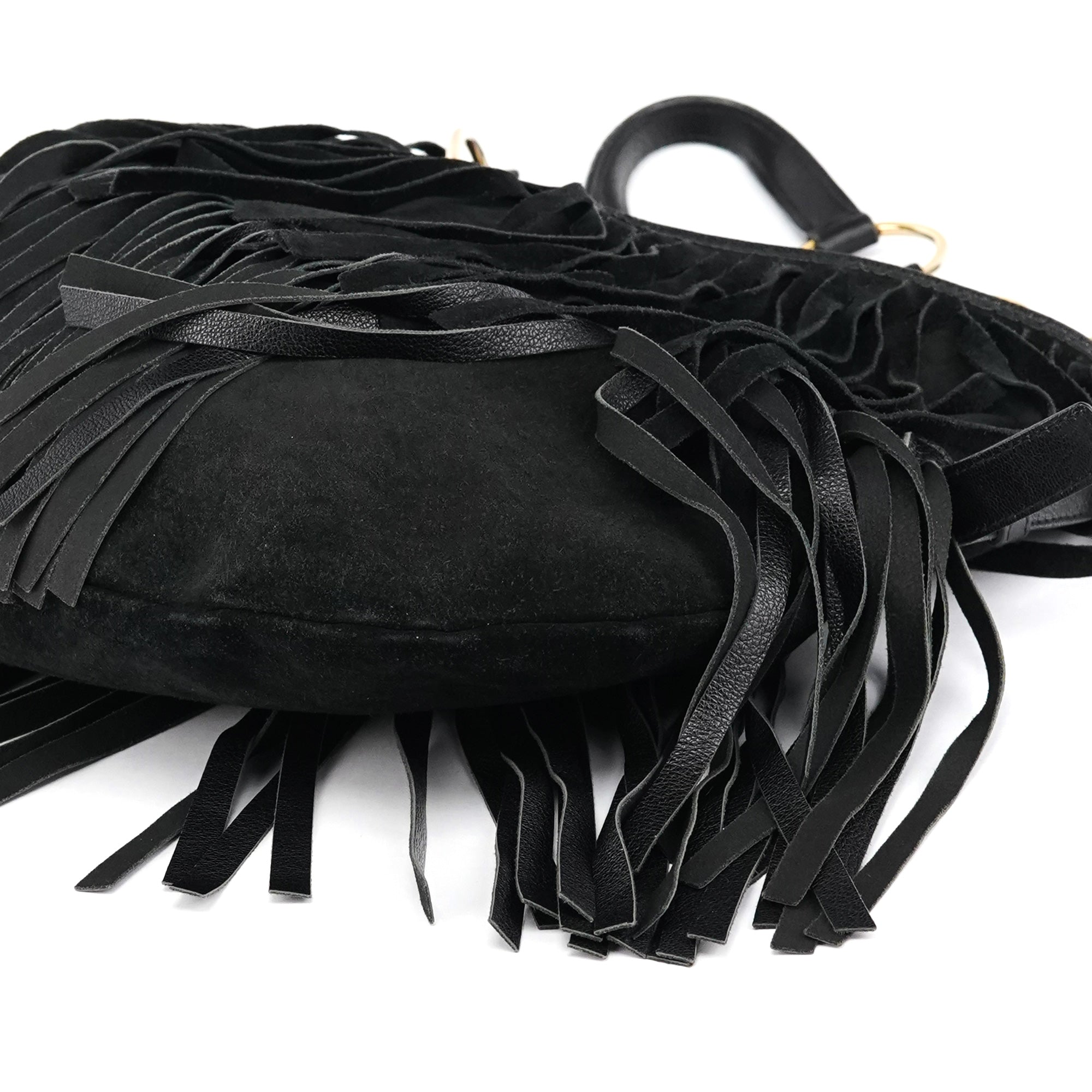 138962 Black Suede Leather Boheme Fringe Shoulder Bag