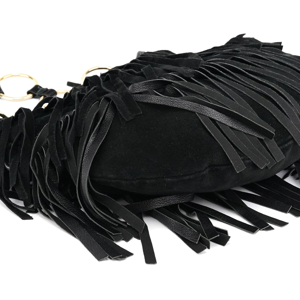 138962 Black Suede Leather Boheme Fringe Shoulder Bag