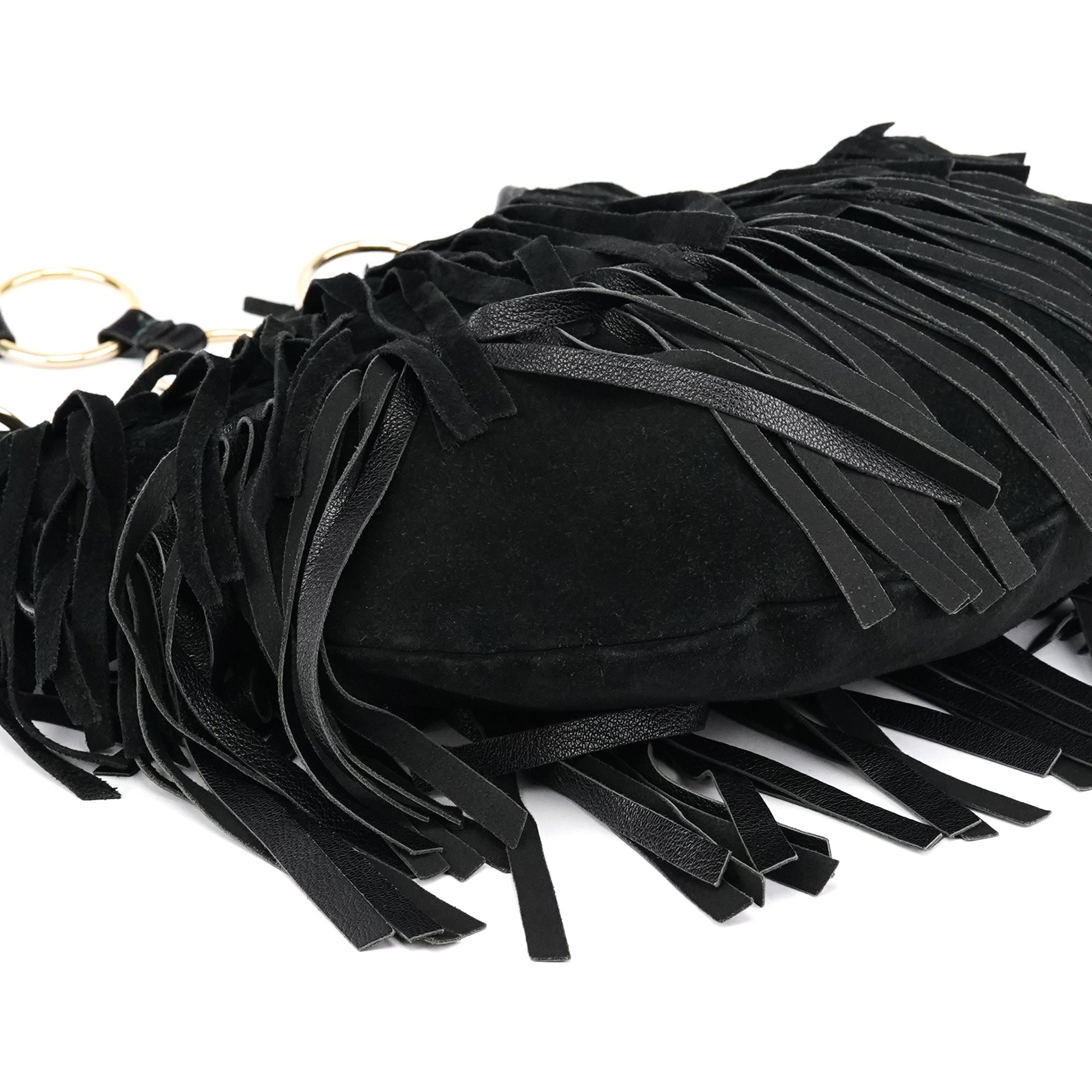 138962 Black Suede Leather Boheme Fringe Shoulder Bag