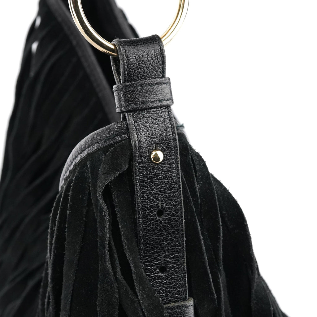 138962 Black Suede Leather Boheme Fringe Shoulder Bag