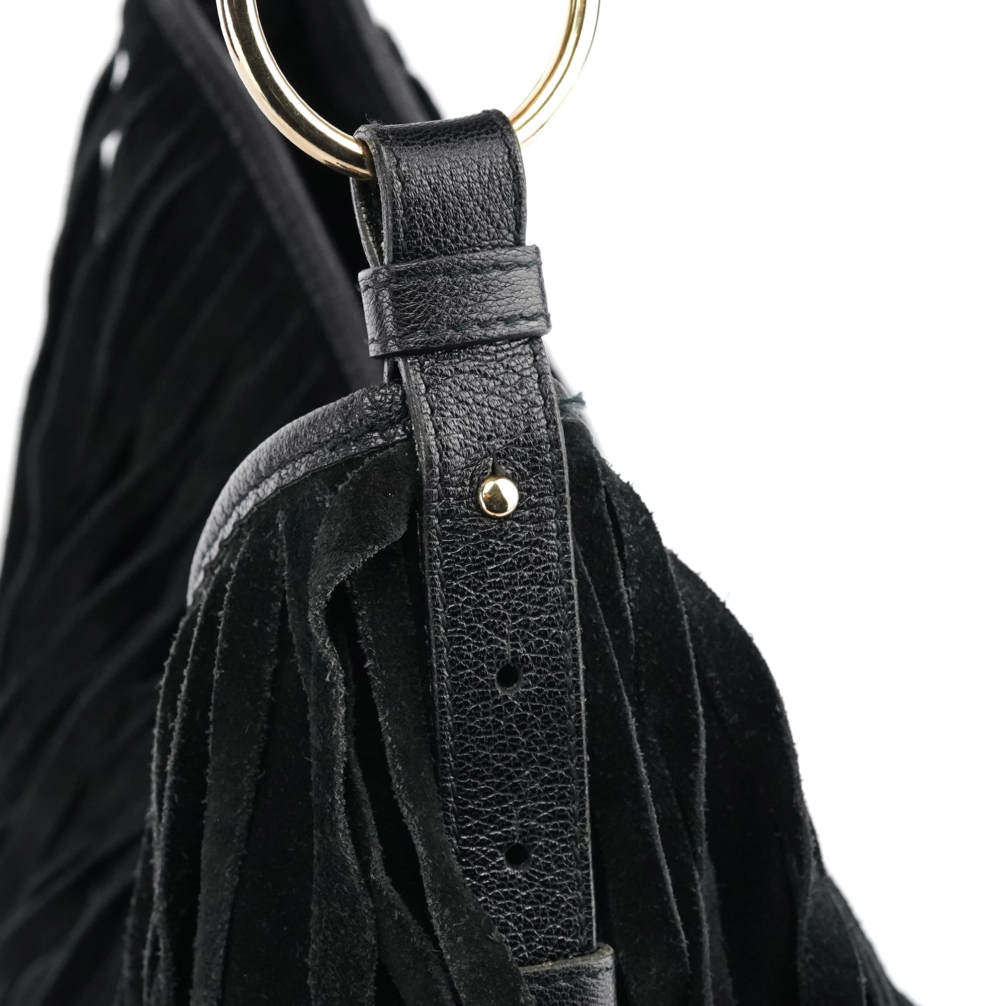 138962 Black Suede Leather Boheme Fringe Shoulder Bag
