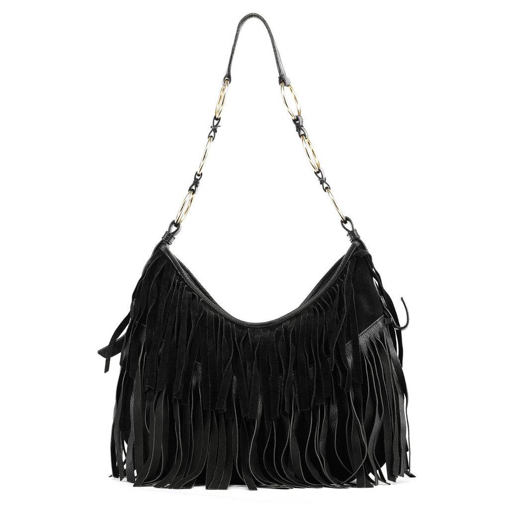 138962 Black Suede Leather Boheme Fringe Shoulder Bag