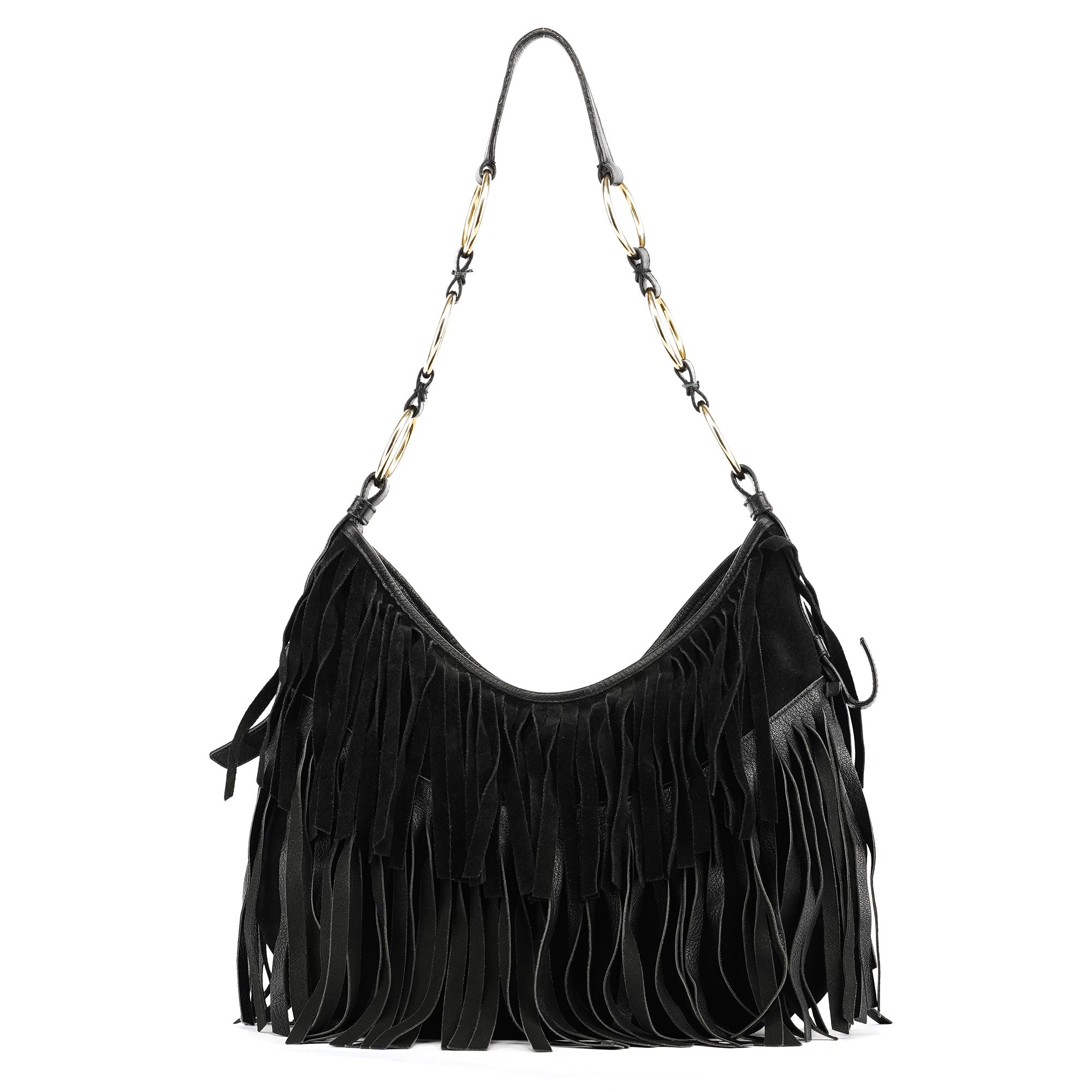 138962 Black Suede Leather Boheme Fringe Shoulder Bag