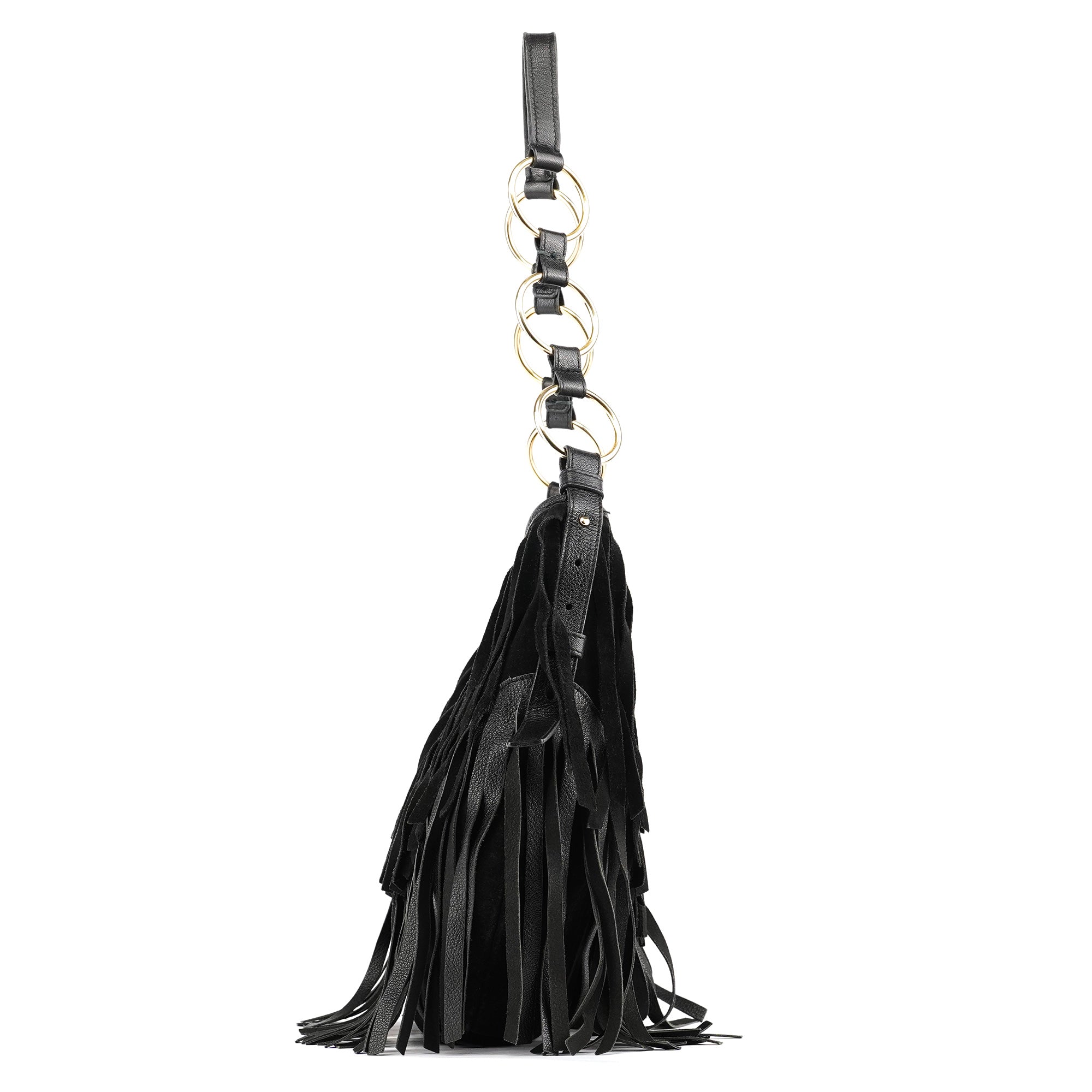 138962 Black Suede Leather Boheme Fringe Shoulder Bag