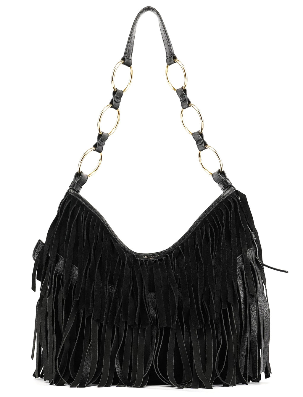 138962 Black Suede Leather Boheme Fringe Shoulder Bag