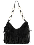138962 Black Suede Leather Boheme Fringe Shoulder Bag