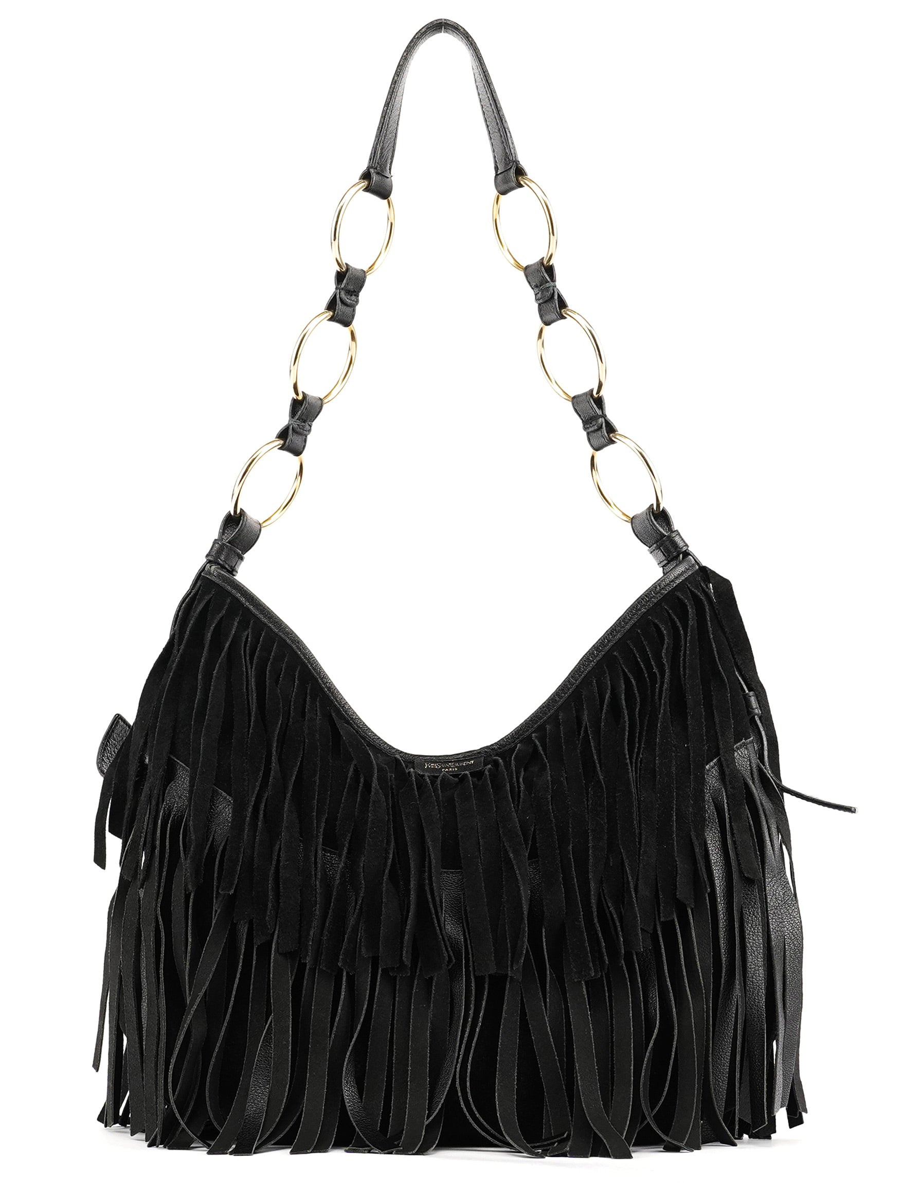 138962 Black Suede Leather Boheme Fringe Shoulder Bag