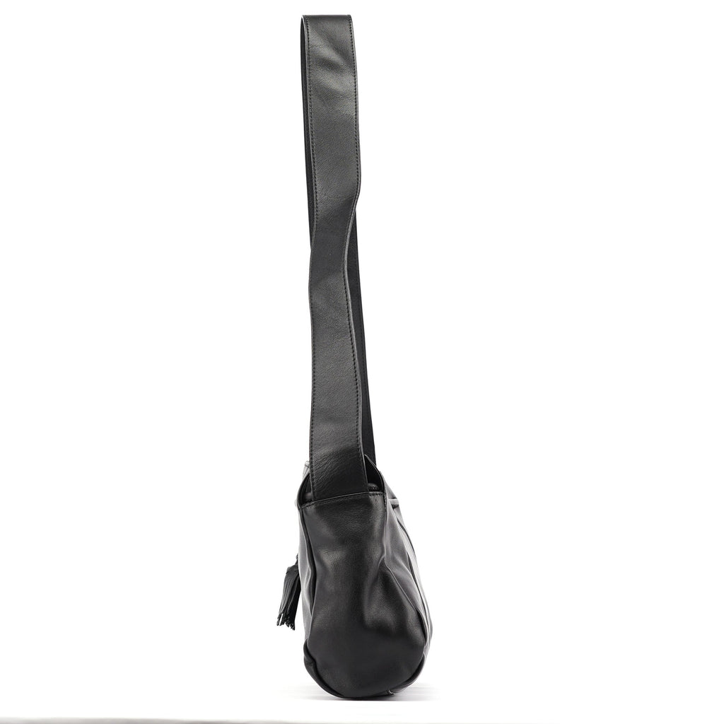 Black Calfskin Leather Tassel Shoulder Bag