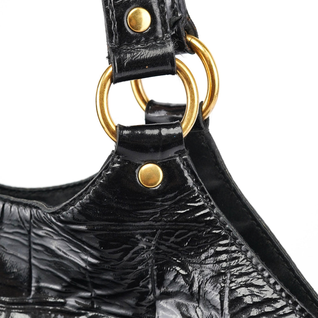 Black Patent Leather Croc Embossed Tote Bag