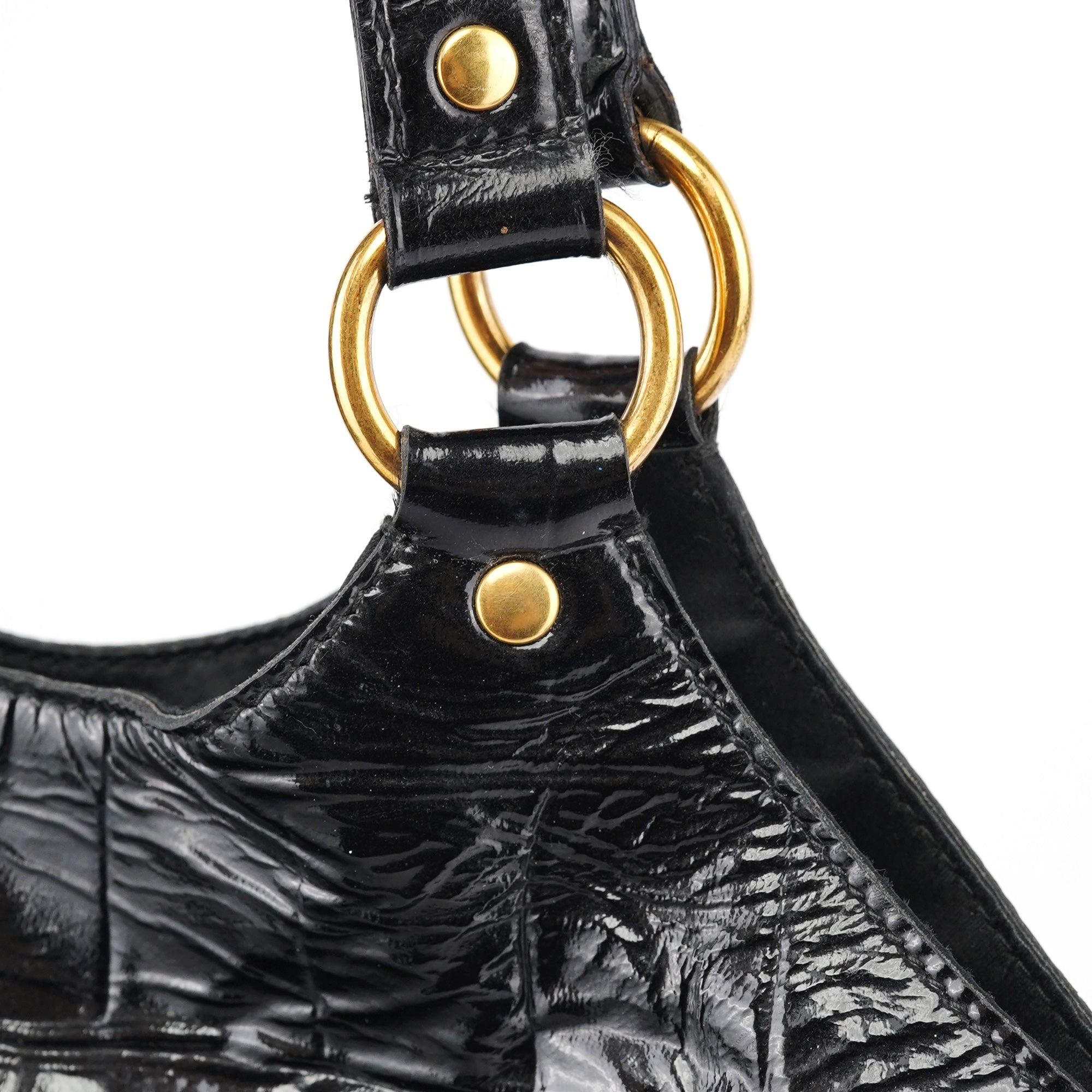 Black Patent Leather Croc Embossed Tote Bag