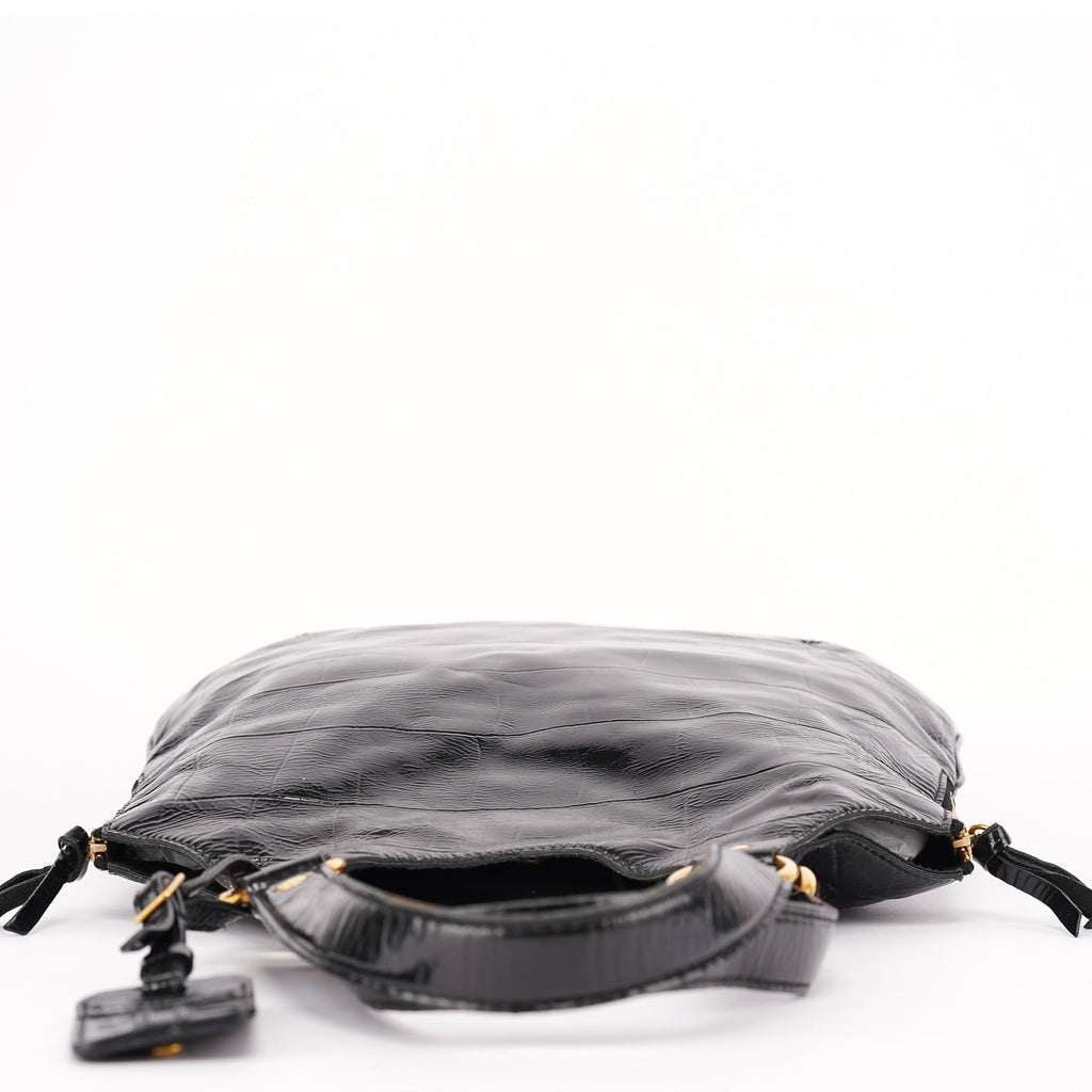 Black Patent Leather Croc Embossed Tote Bag