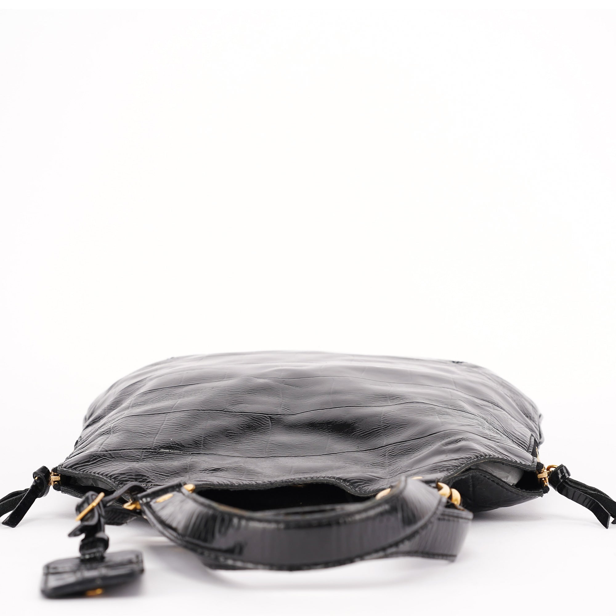 Black Patent Leather Croc Embossed Tote Bag