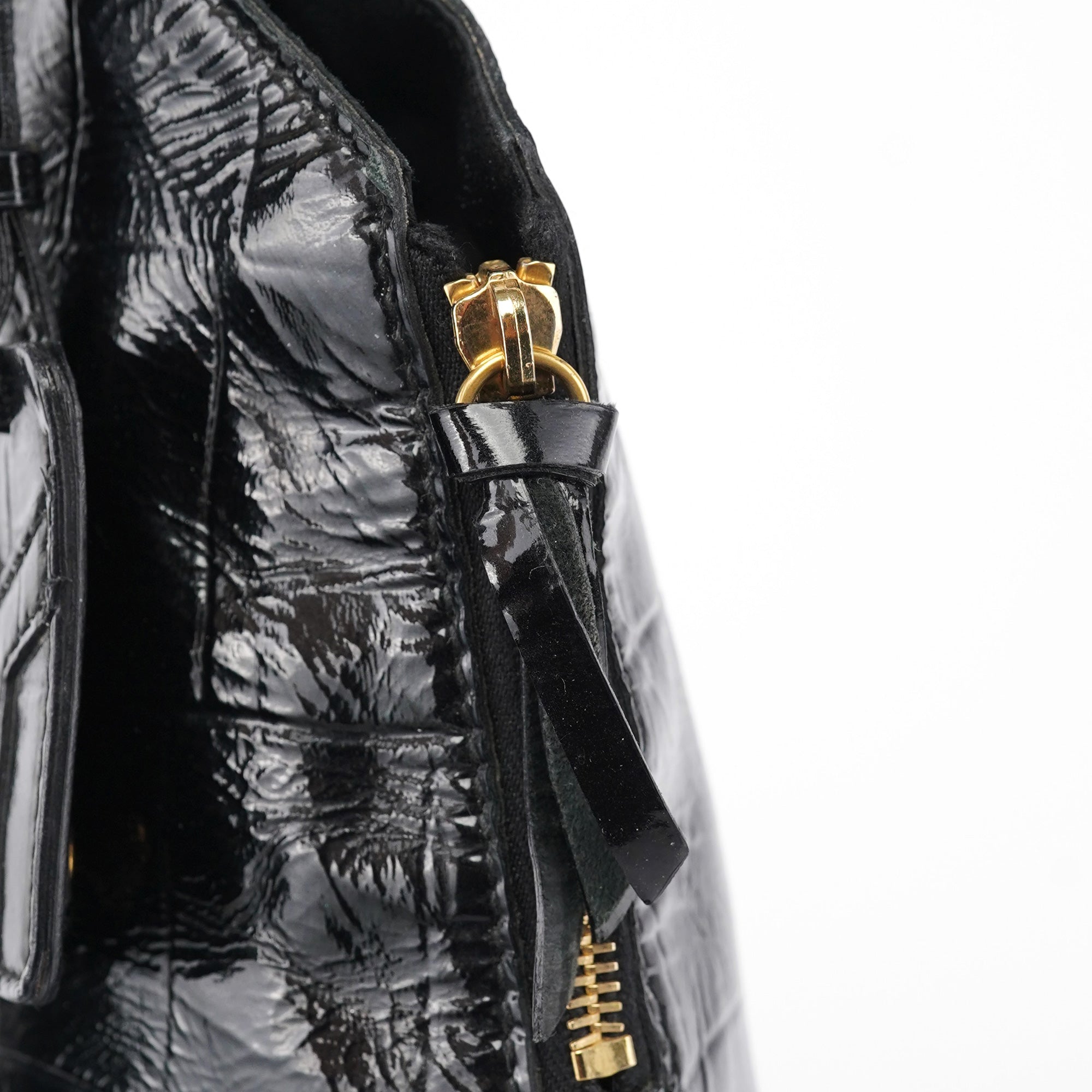 Black Patent Leather Croc Embossed Tote Bag