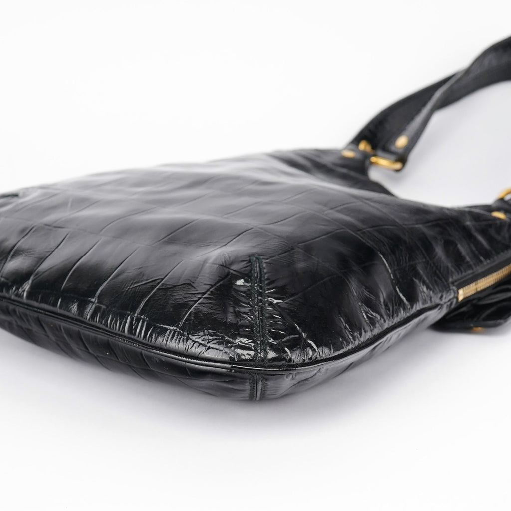 Black Patent Leather Croc Embossed Tote Bag