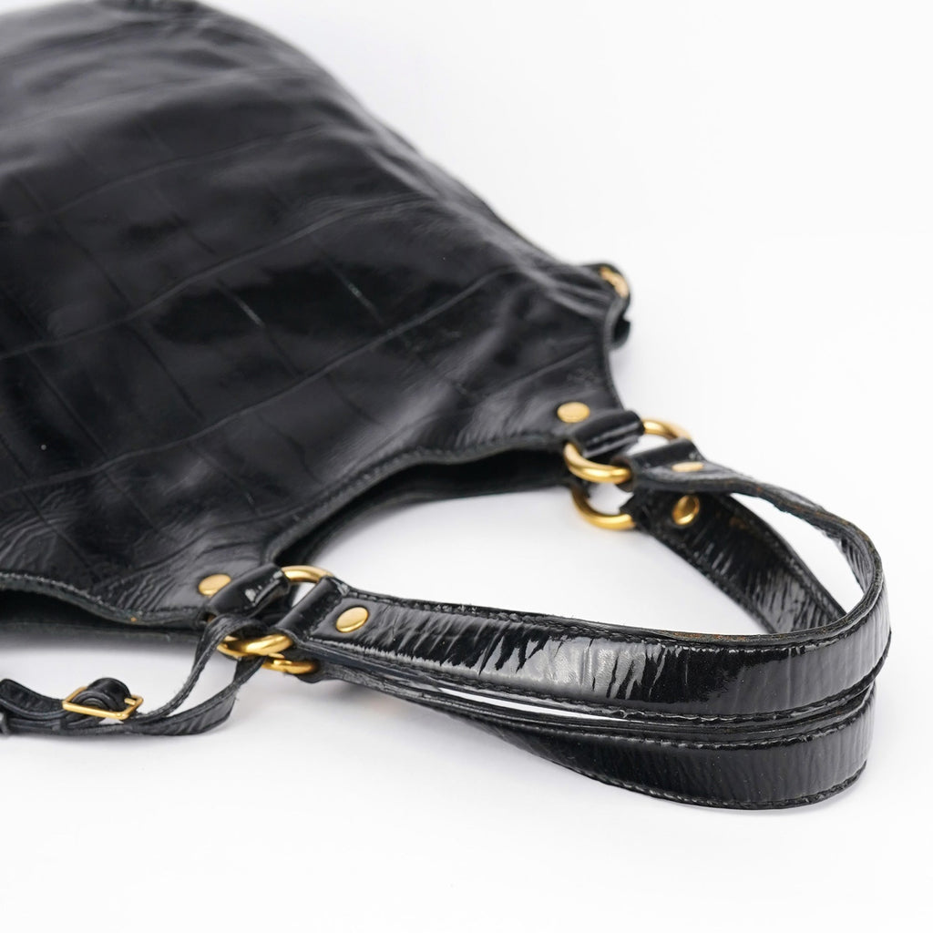 Black Patent Leather Croc Embossed Tote Bag