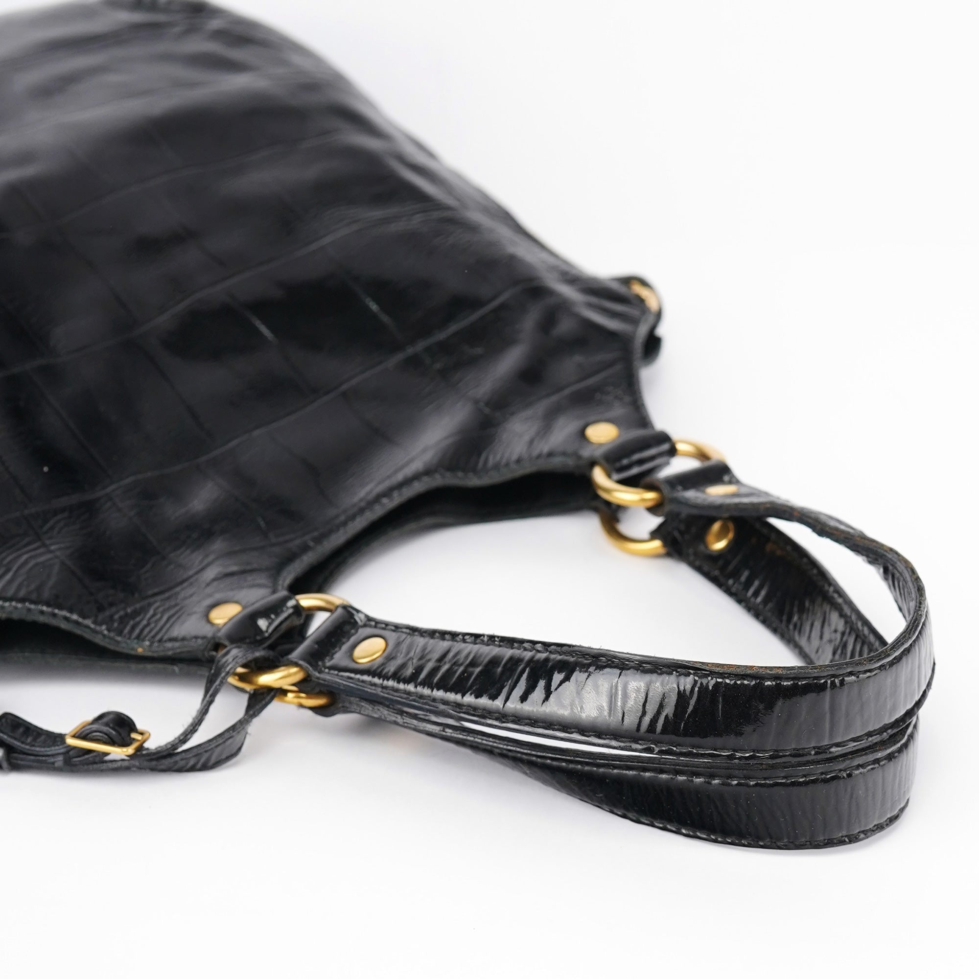 Black Patent Leather Croc Embossed Tote Bag