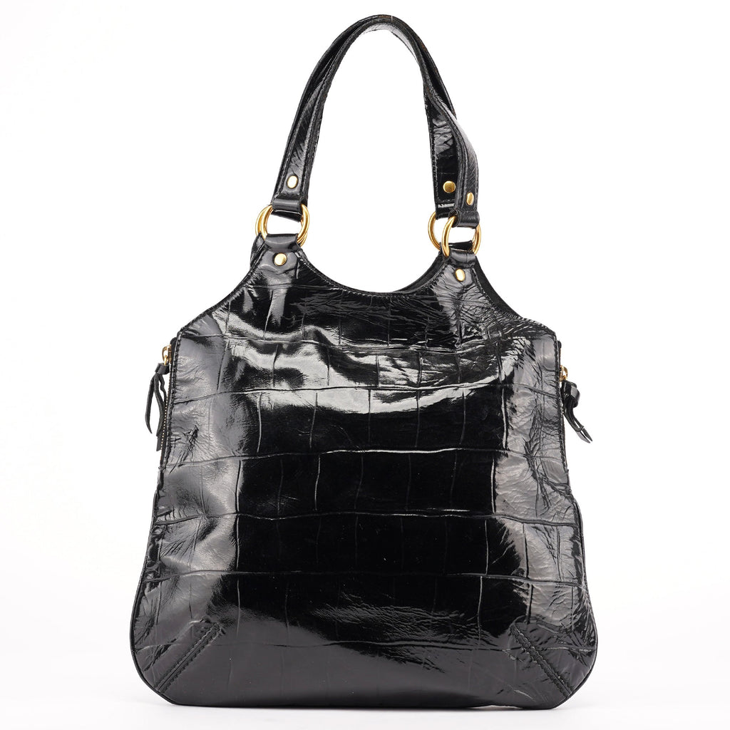 Black Patent Leather Croc Embossed Tote Bag