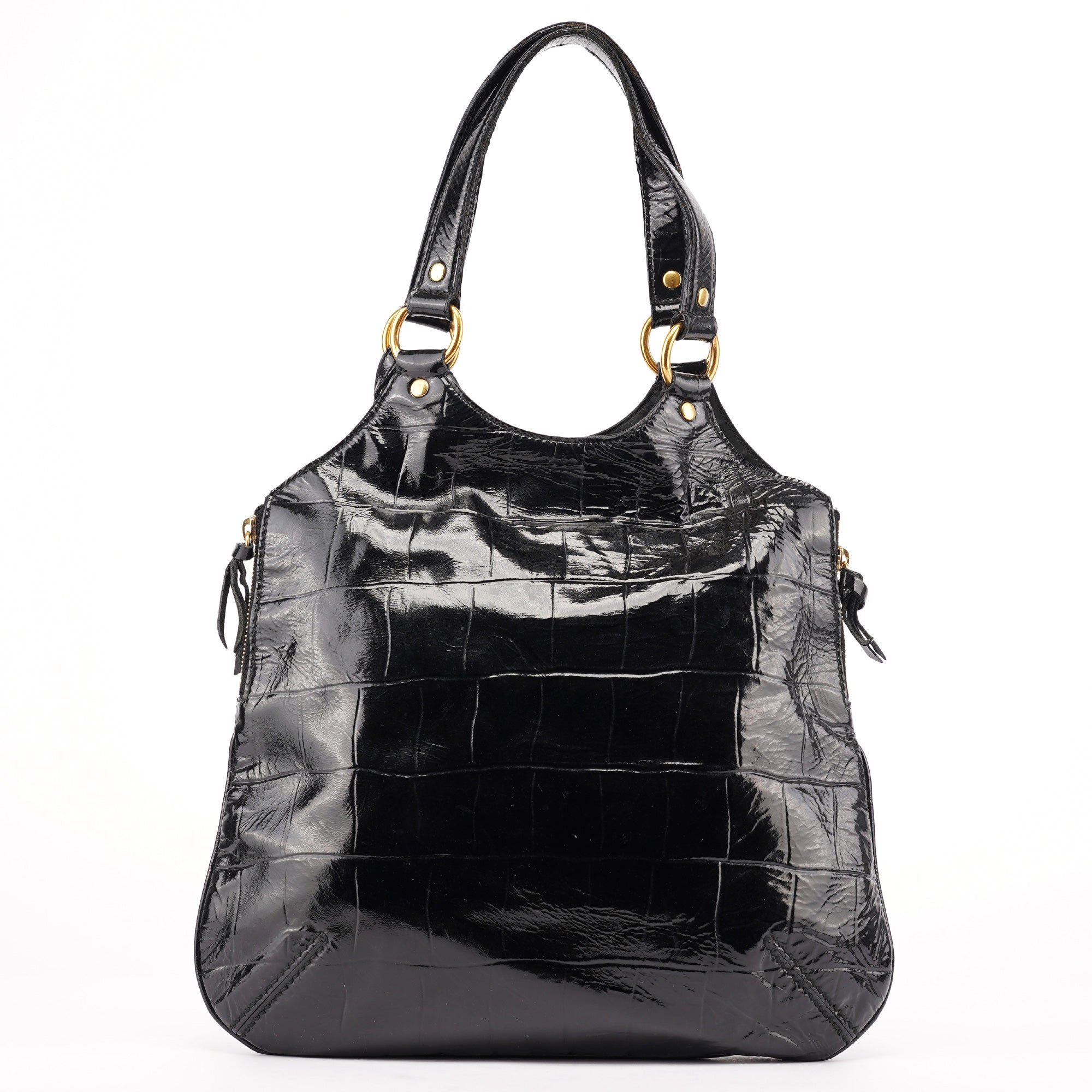 Black Patent Leather Croc Embossed Tote Bag