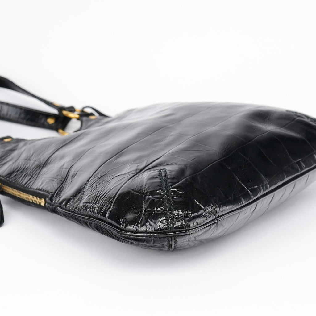 Black Patent Leather Croc Embossed Tote Bag