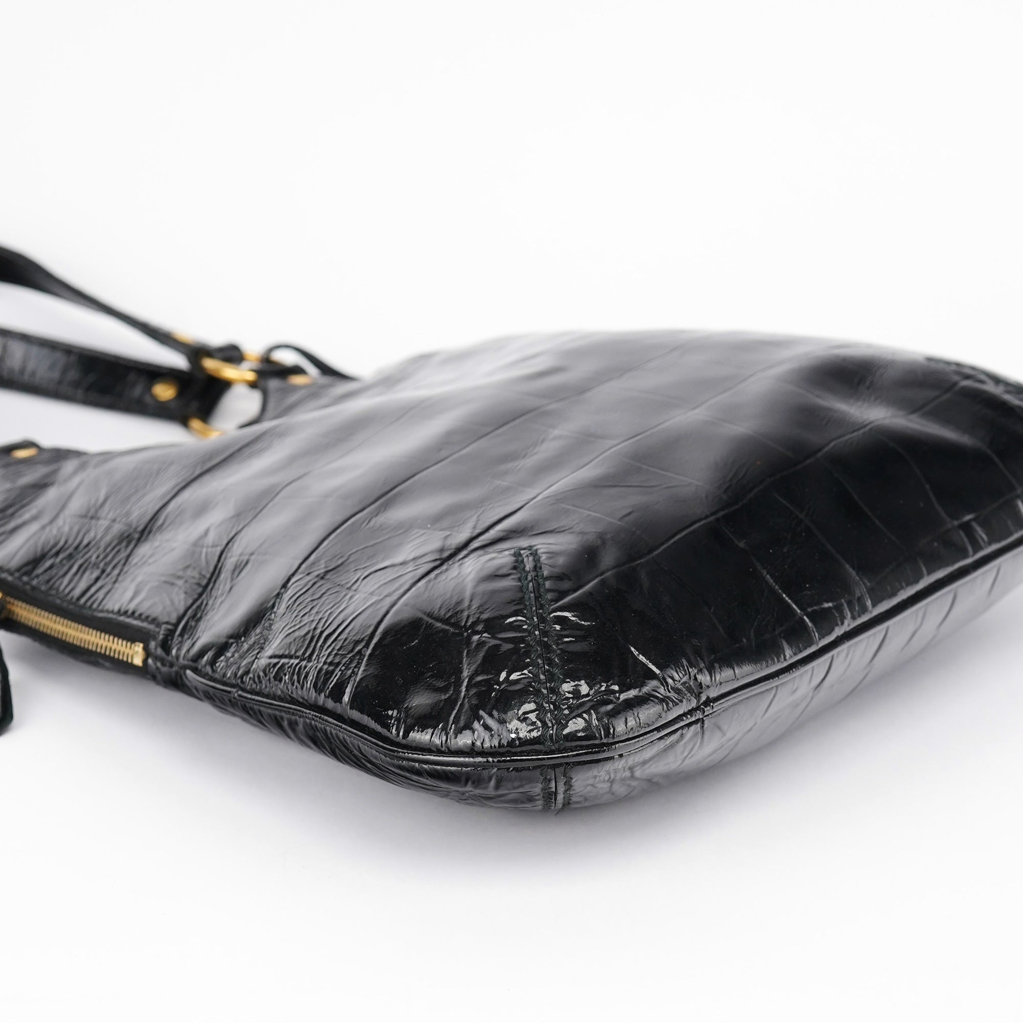 Black Patent Leather Croc Embossed Tote Bag