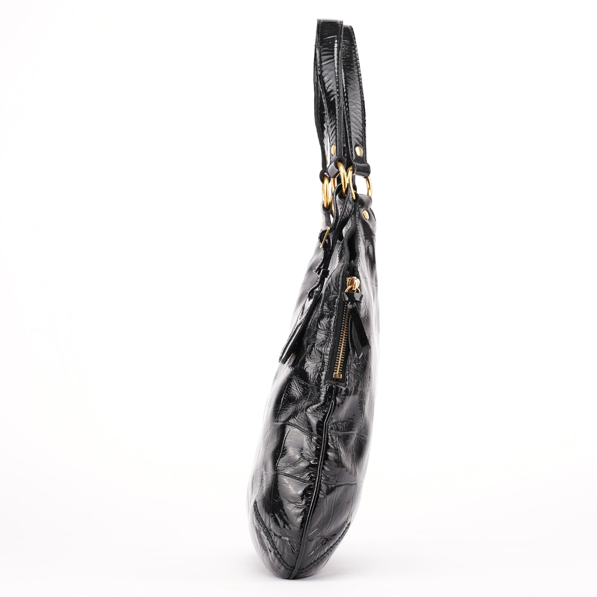 Black Patent Leather Croc Embossed Tote Bag