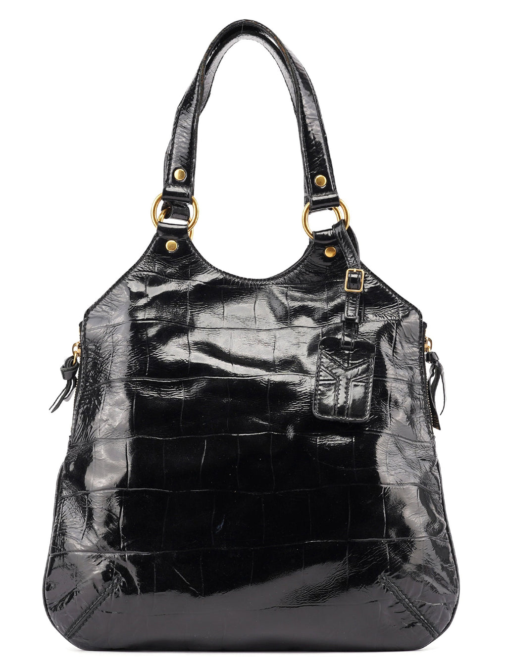 Black Patent Leather Croc Embossed Tote Bag