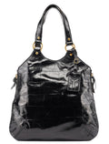 Black Patent Leather Croc Embossed Tote Bag