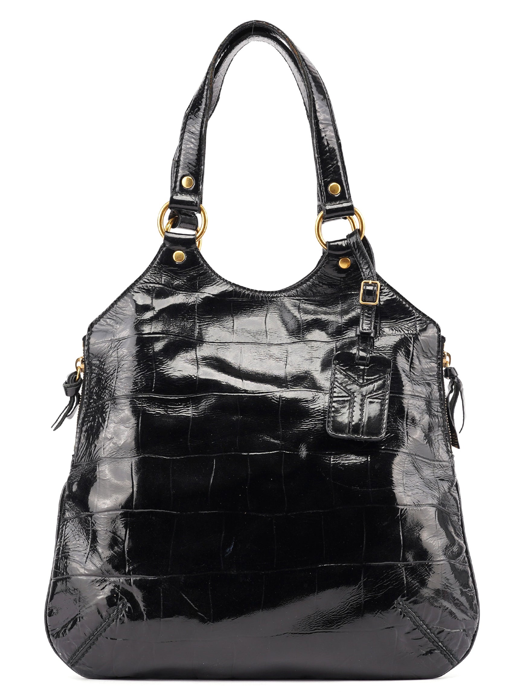 Black Patent Leather Croc Embossed Tote Bag