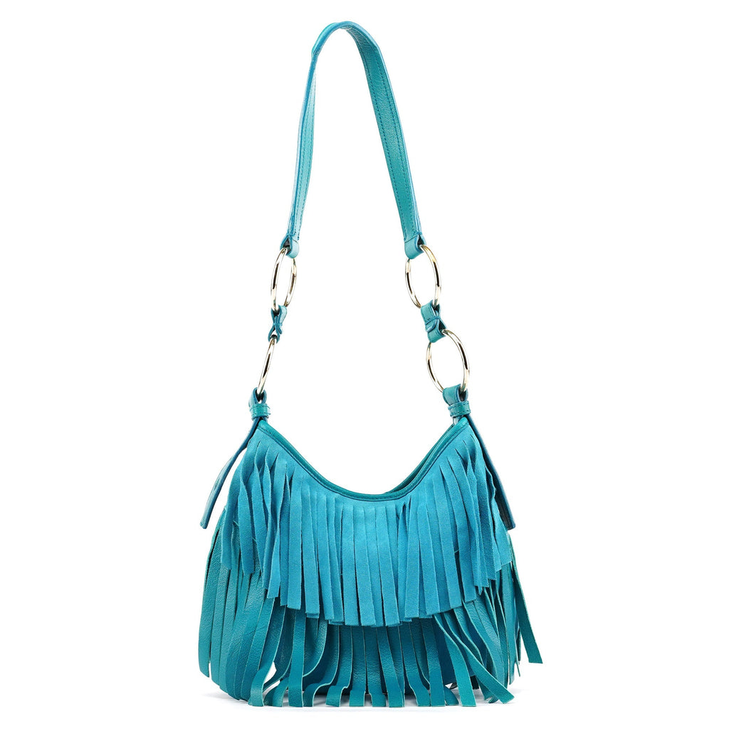 Turquoise Leather Suede Fringe Shoulder Bag