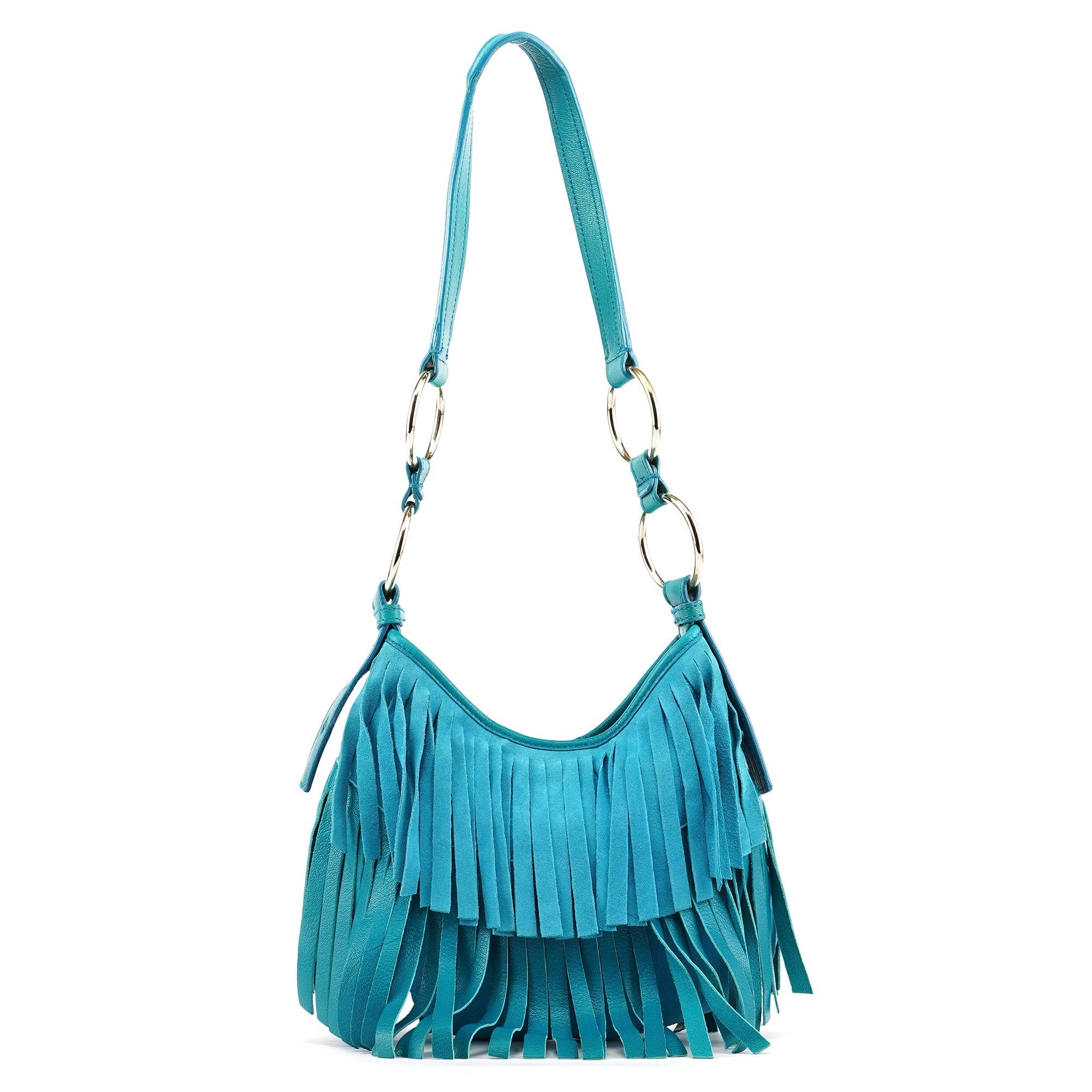 Turquoise Leather Suede Fringe Shoulder Bag
